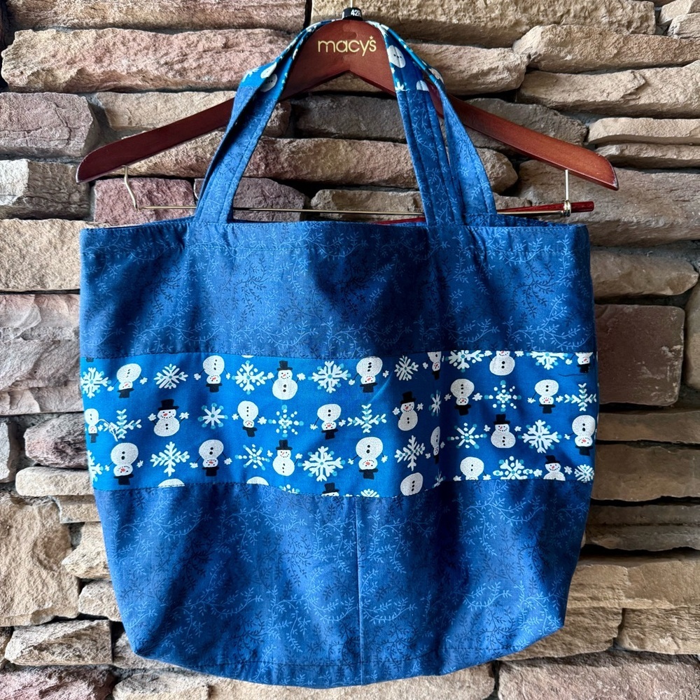 Handmade Quilted Snowman Tote Bag Blue Winter Upcycled Fabric Large